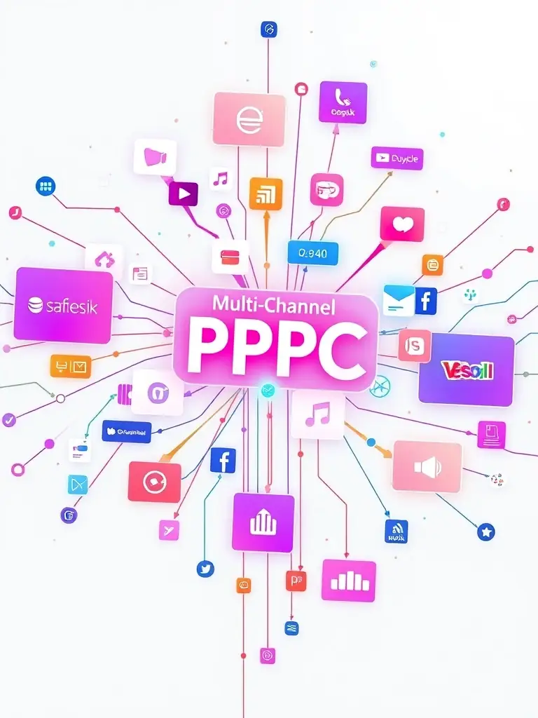 An image depicting a diverse range of online platforms (search engines, social media, e-commerce sites) interconnected, symbolizing Omegacube's multi-channel PPC strategy.