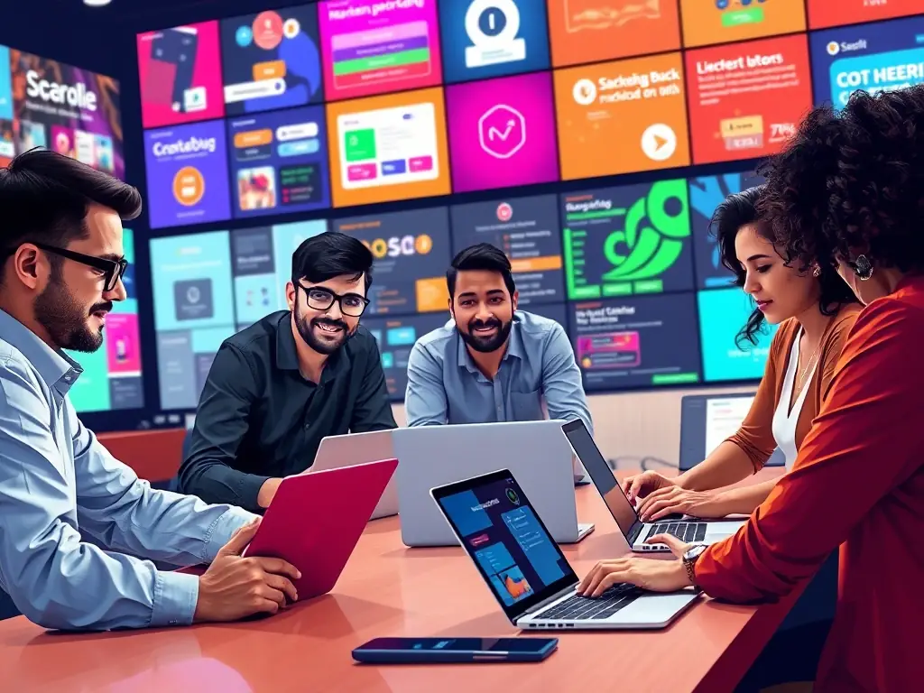 A team of Omegacube experts collaborating on various digital platforms, highlighting their expertise in managing PPC campaigns across different channels.