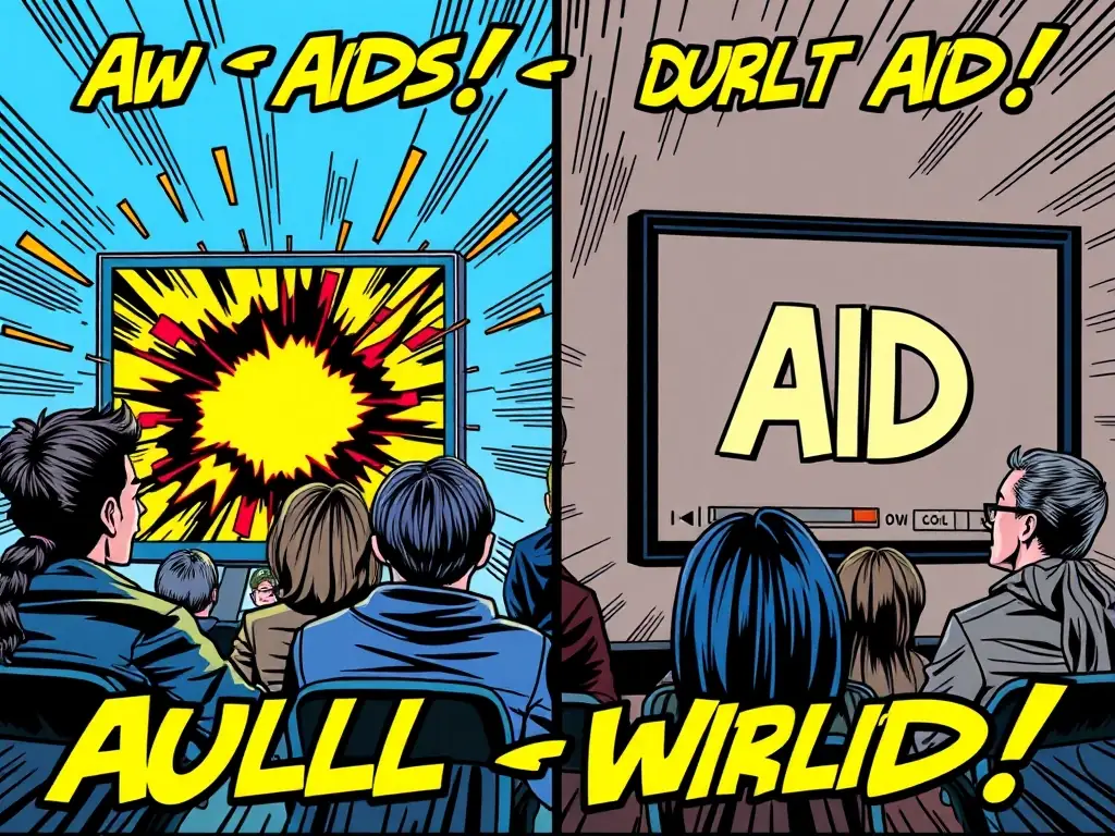 A split-screen image showing a vibrant, engaging ad on one side and a dull, uninspired ad on the other, illustrating the concept of ad creative fatigue.