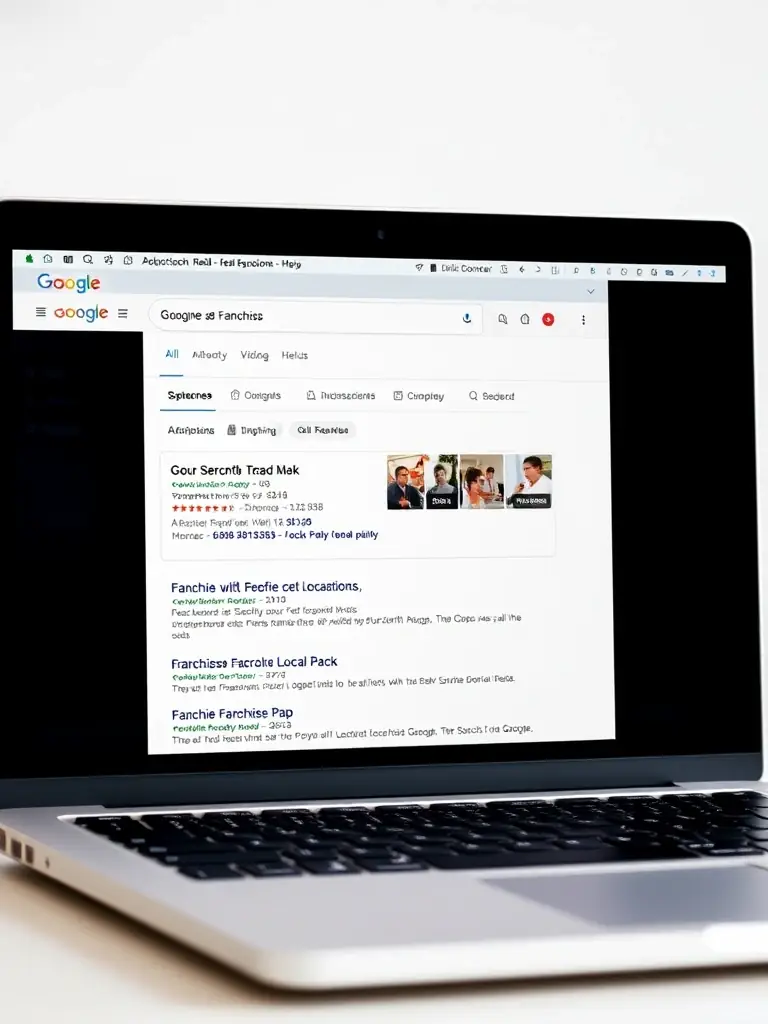 A laptop screen showing a Google Search results page with a highlighted local pack featuring multiple franchise locations. The search query is a local keyword relevant to the franchise's industry.
