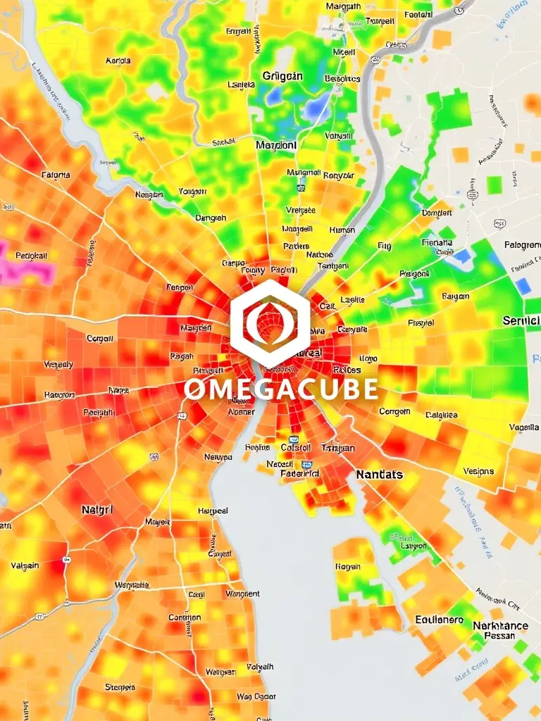 An image showcasing a heat map overlayed on a city map, illustrating areas with high search activity for franchise-related keywords, with Omegacube's logo subtly integrated.