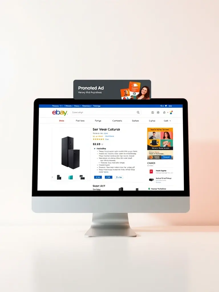 A screenshot of an eBay product listing with a promoted ad banner, demonstrating the platform's advertising features for reaching a wide customer base.