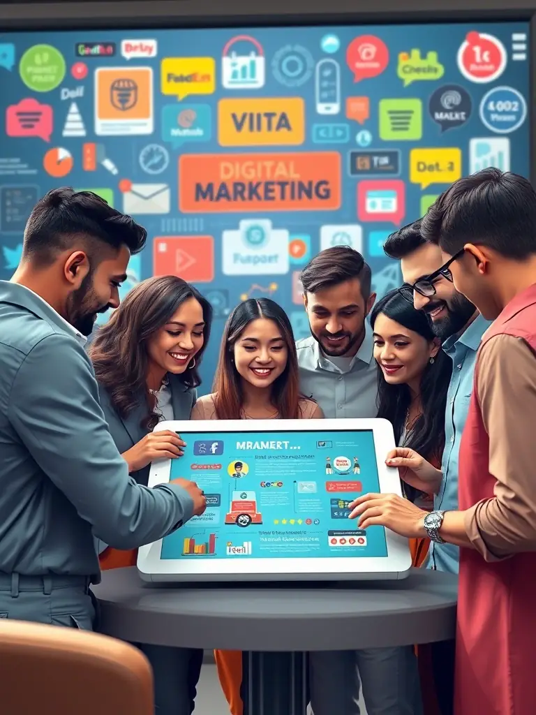 A diverse group of franchisees collaborating on a digital marketing strategy, emphasizing the need for brand uniformity.