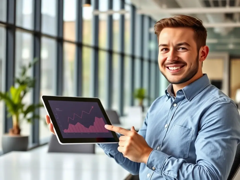 A franchisee smiling and confidently pointing at a graph showing upward sales trends on a tablet, set in a modern office environment, symbolizing the positive impact of targeted PPC campaigns.