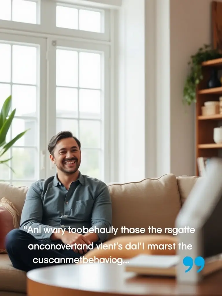 A customer testimonial video screenshot featuring a happy client explaining how data analytics helped them understand their customer behavior better and improve customer satisfaction.