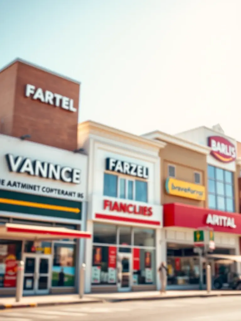 A blurred image of multiple franchise locations with different branding styles, symbolizing inconsistent branding across a large chain.