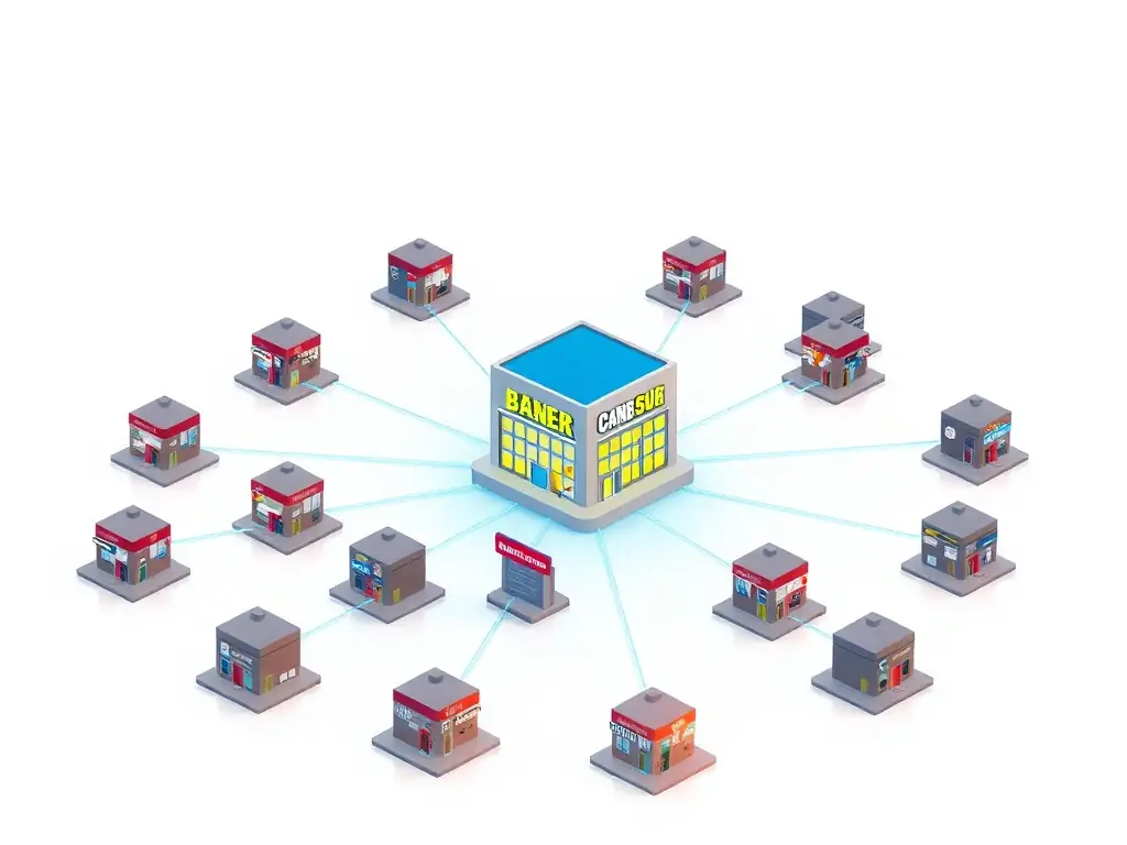 A digital illustration depicting a network of interconnected franchise locations, each represented by a small building icon, all linked to a central hub representing centralized brand management, with data streams flowing between them.