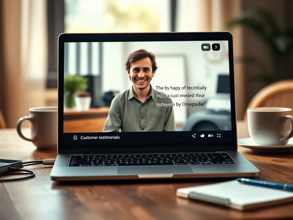 A customer testimonial video playing on a laptop screen, showcasing the positive experiences and success stories of Omegacube's clients.