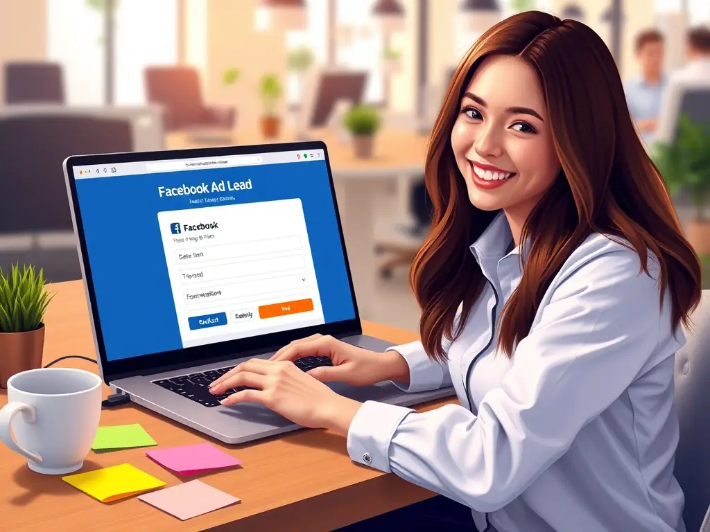 An image illustrating lead generation through a Facebook ad, showing a user interacting with a lead form and submitting their information.