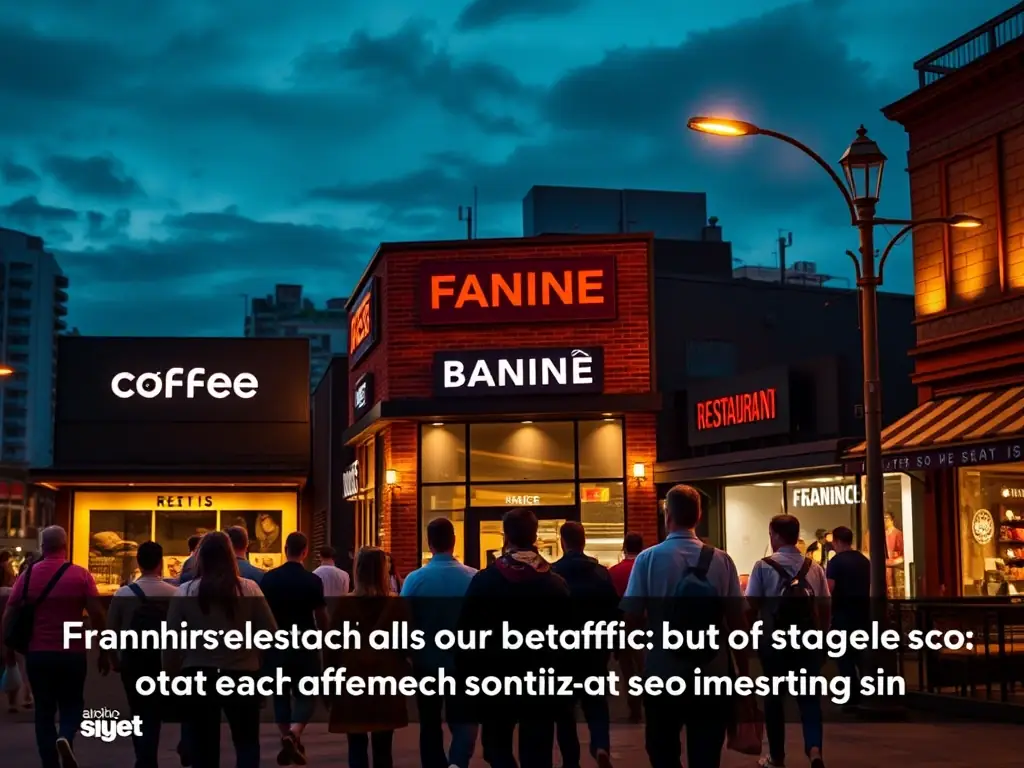A photograph of a diverse group of people walking into various franchise locations (e.g., a coffee shop, a retail store, a restaurant) in different cities. The image emphasizes the importance of driving local traffic to each franchise location through effective SEO strategies.