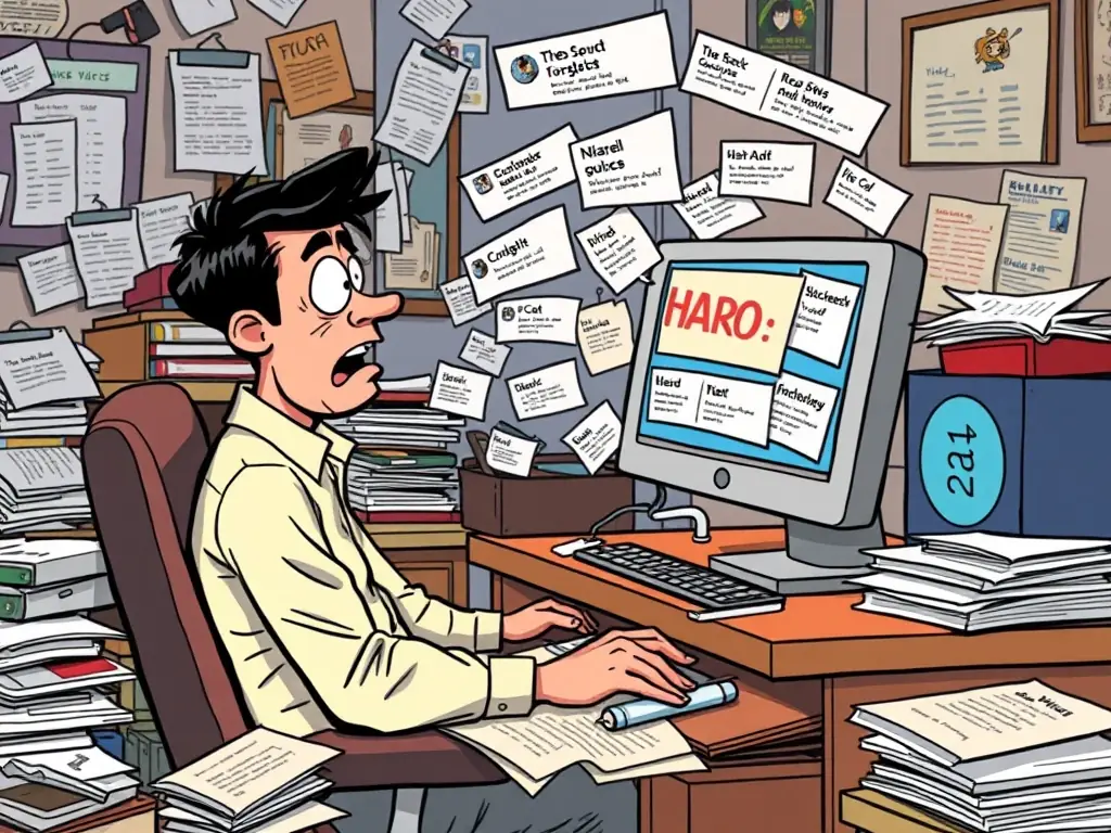 A person sitting at a desk, overwhelmed by numerous HARO queries on their computer screen, symbolizing the time-consuming nature of sifting through irrelevant requests.