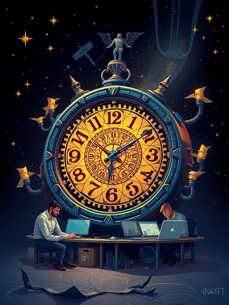A clock icon with developers working around it, symbolizing Omegacube's 24/7 development services.