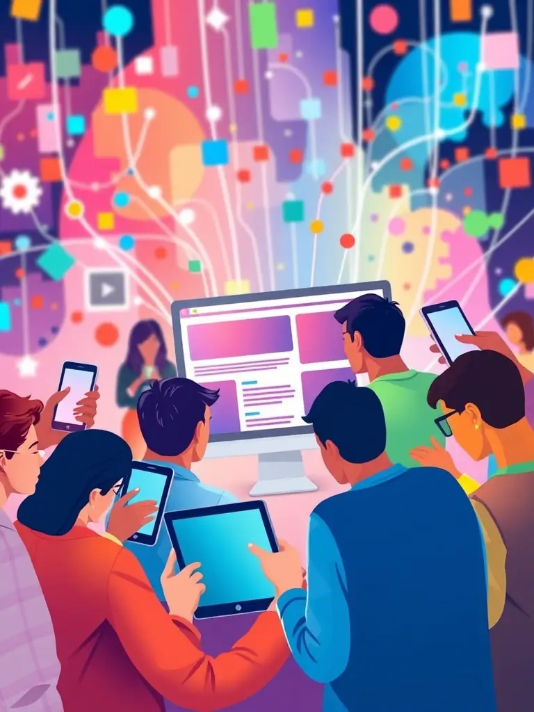 A diverse group of people visiting a website on various devices, illustrating the increased traffic driven by Omegacube's link building.
