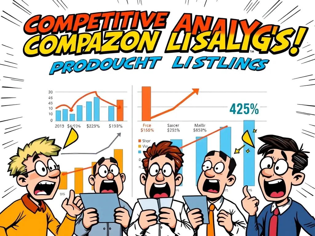 A graphic representation of competitor analysis, showing charts and data points comparing different product listings and their performance on Amazon.