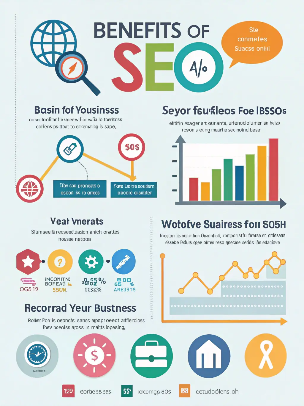 A visually appealing infographic illustrating the key benefits of SEO for businesses, such as increased organic traffic, improved brand visibility, and higher conversion rates. The infographic should use Omegacube's branding colors.