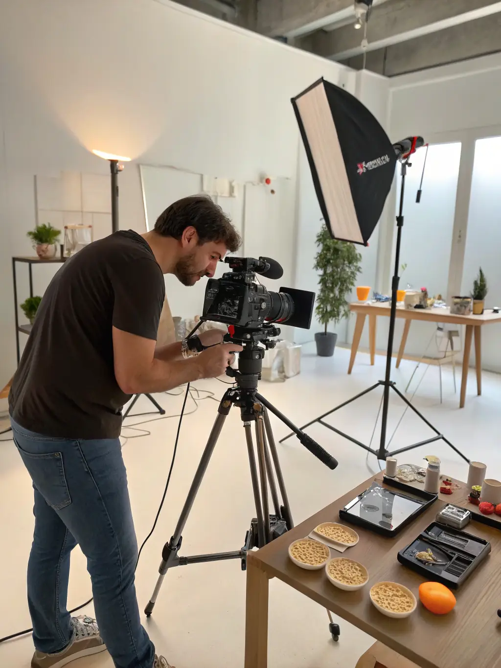 A videographer filming a promotional video for a client's new product launch, highlighting Omegacube's video production service.