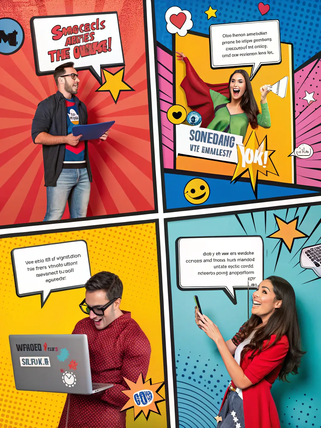 A creative collage of various social media posts designed and managed by Omegacube for different clients, showcasing diverse content styles and high engagement rates.