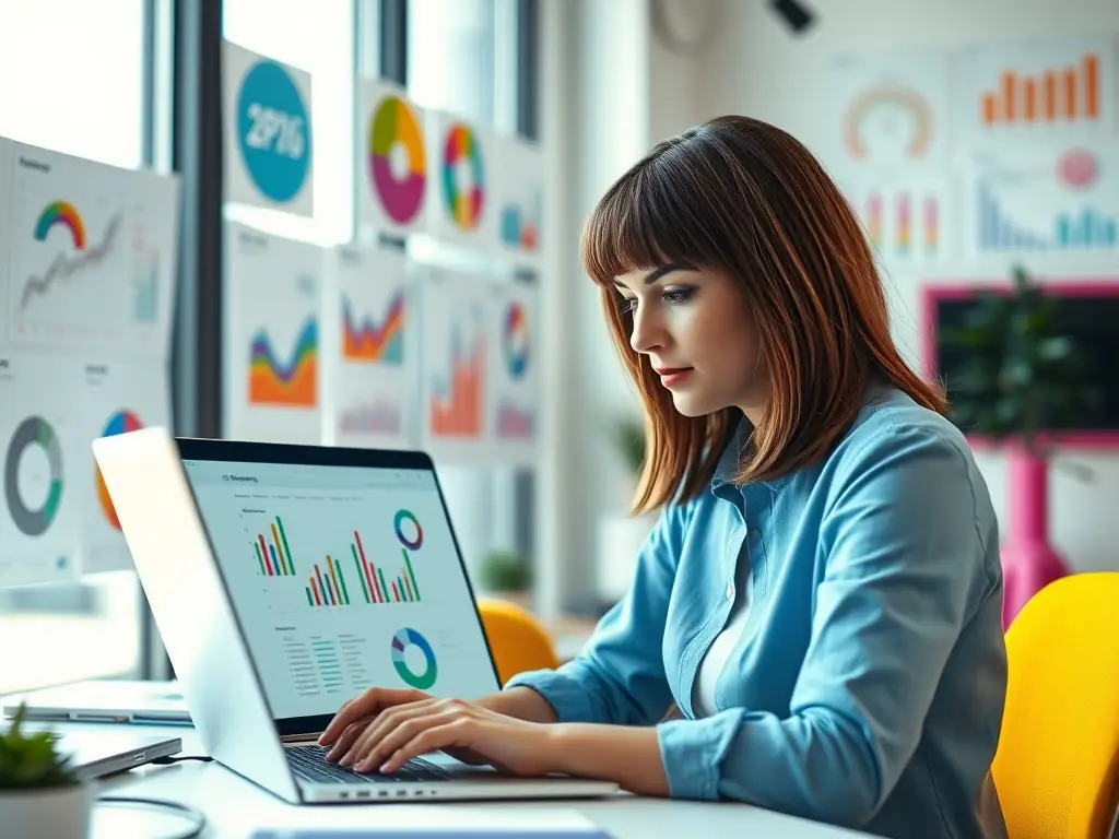 A focused digital marketing expert analyzing PPC campaign data on a computer screen, showcasing data-driven decision-making and optimization strategies.