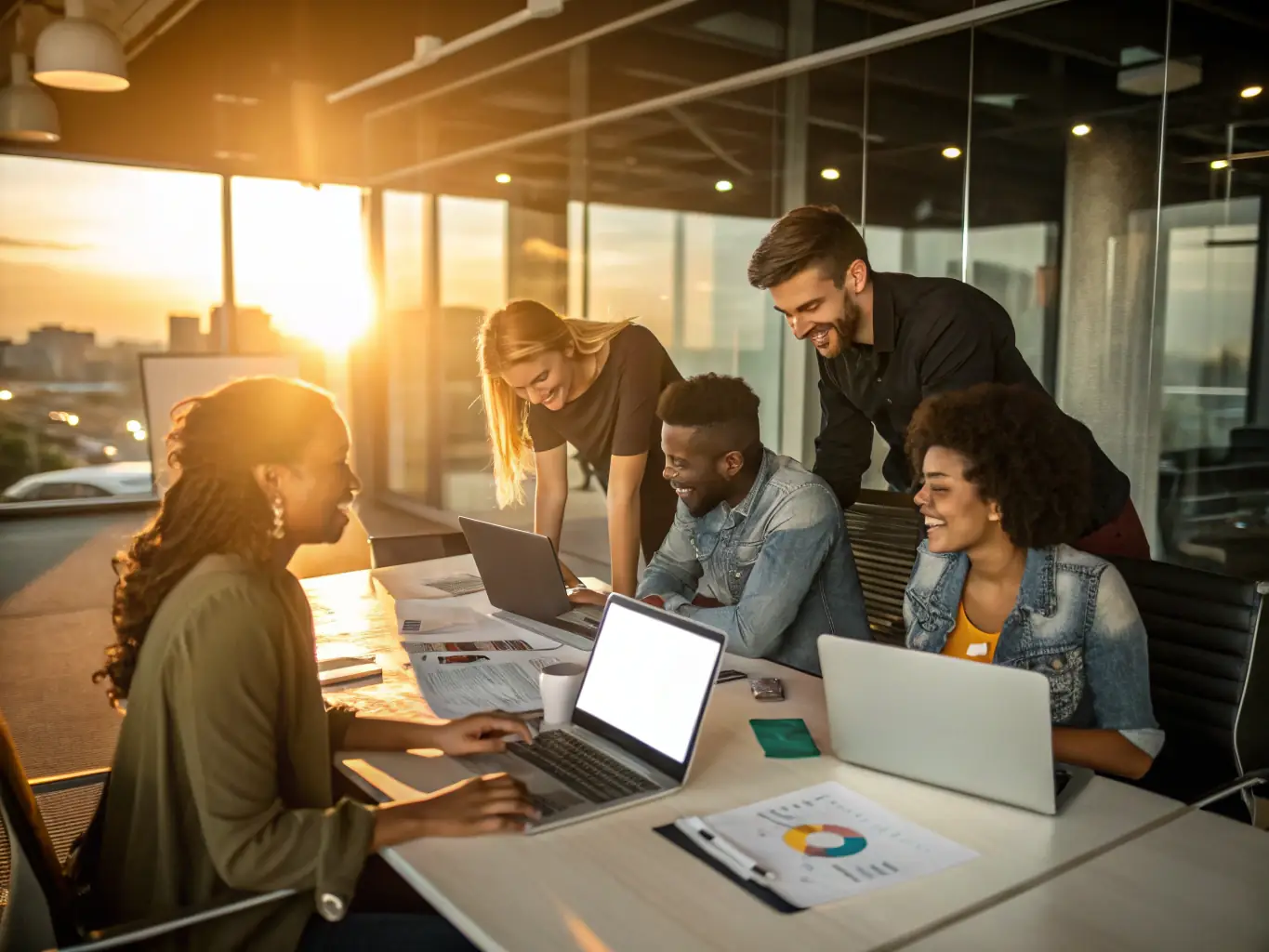A professional workspace with a team collaborating on a digital marketing strategy, showcasing the planning and execution involved in GEO.