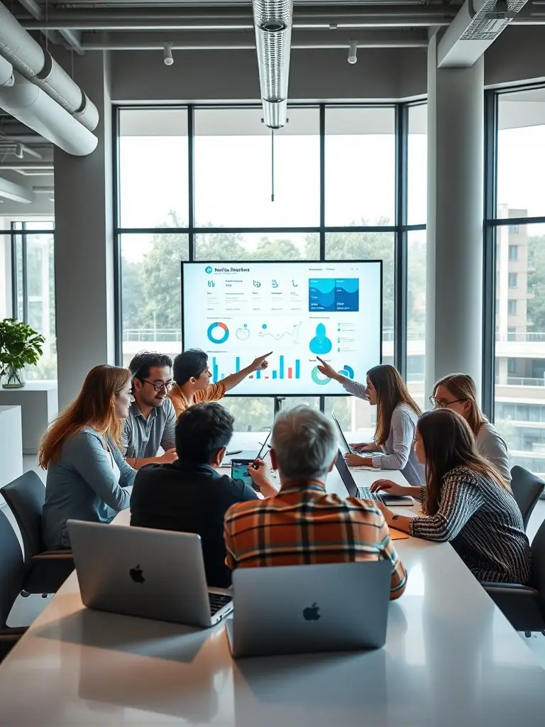 A professional photo of the Omegacube team collaborating in a modern office setting, emphasizing their teamwork and dedication to client success in Amazon DSP campaigns.