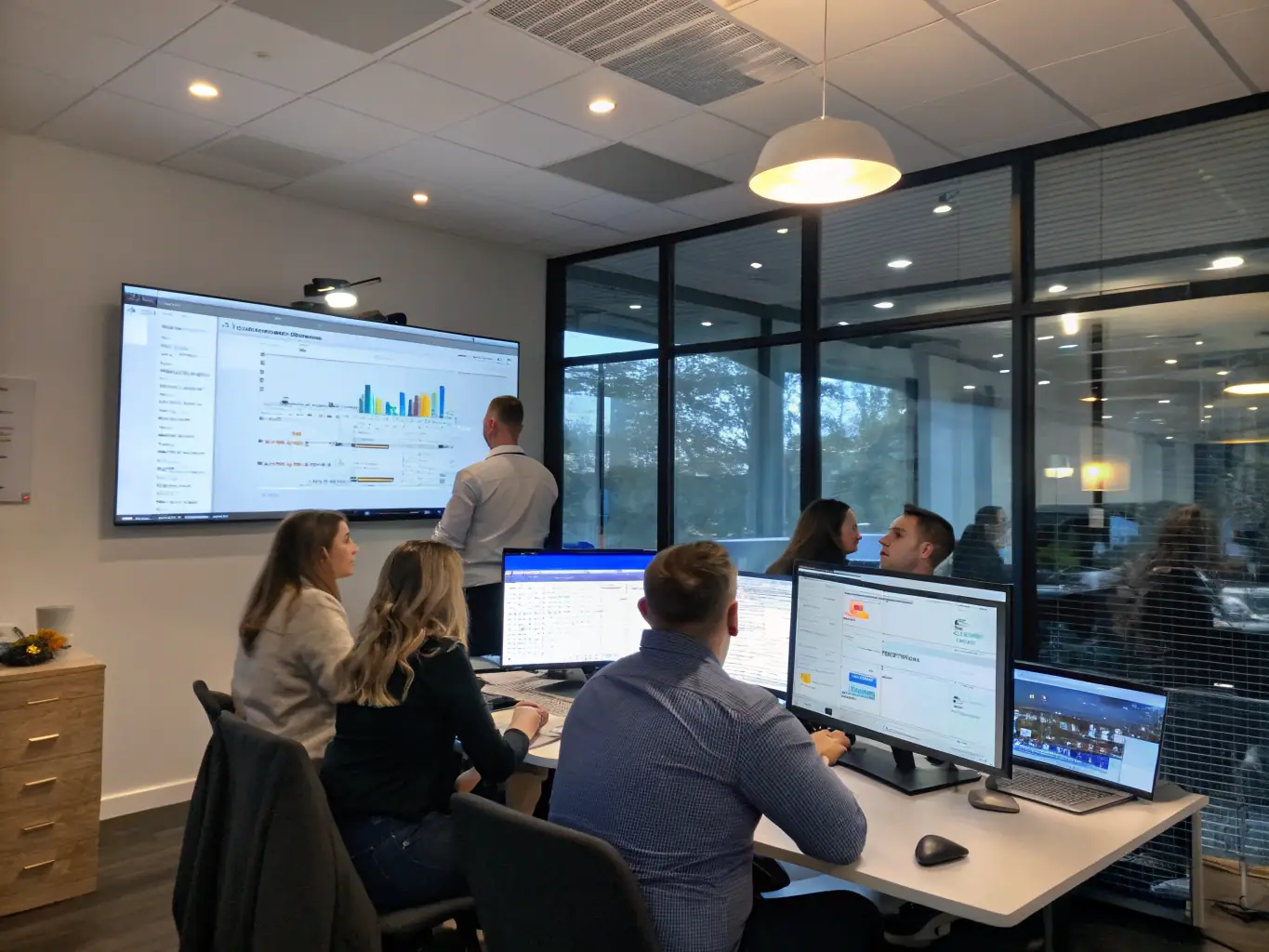 A professional office setting with two digital marketing specialists analyzing Google Ads performance metrics on a large monitor, showcasing data-driven decision-making.