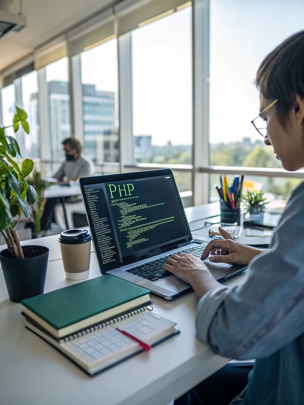 A PHP developer working on a dynamic website, highlighting the creation of engaging and interactive web applications for digital marketing campaigns.