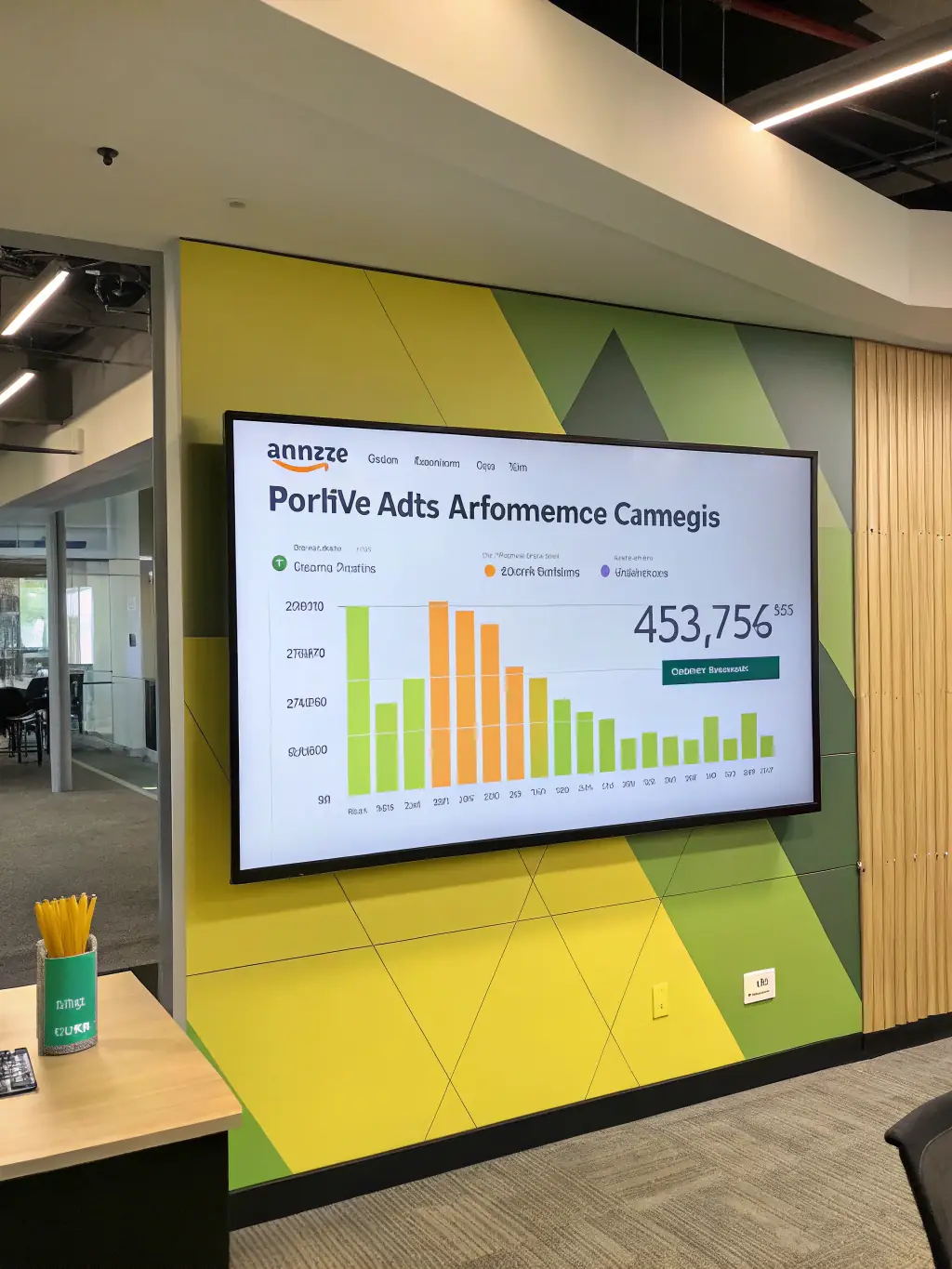 A visually engaging graph showcasing the performance of an Amazon advertising campaign, with upward-trending lines representing increased impressions, clicks, and sales, highlighting the effectiveness of Omegacube's PPC management.