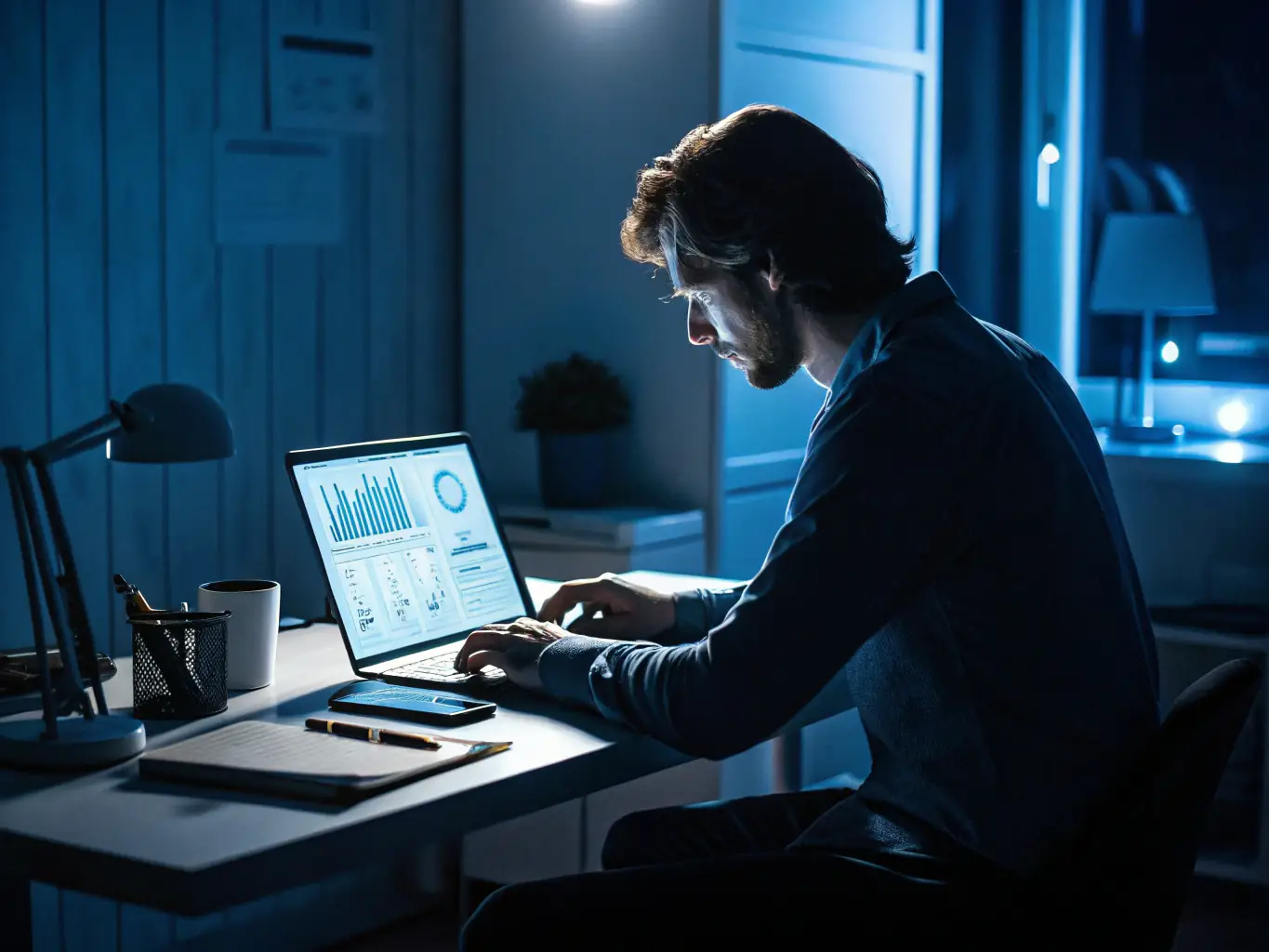 A focused digital marketer is crafting a detailed prompt on a computer, ensuring precision and clarity for optimal AI output, in a modern office setting.