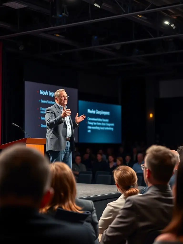 An image of a person confidently presenting at an industry conference, representing enhanced credibility and expertise.