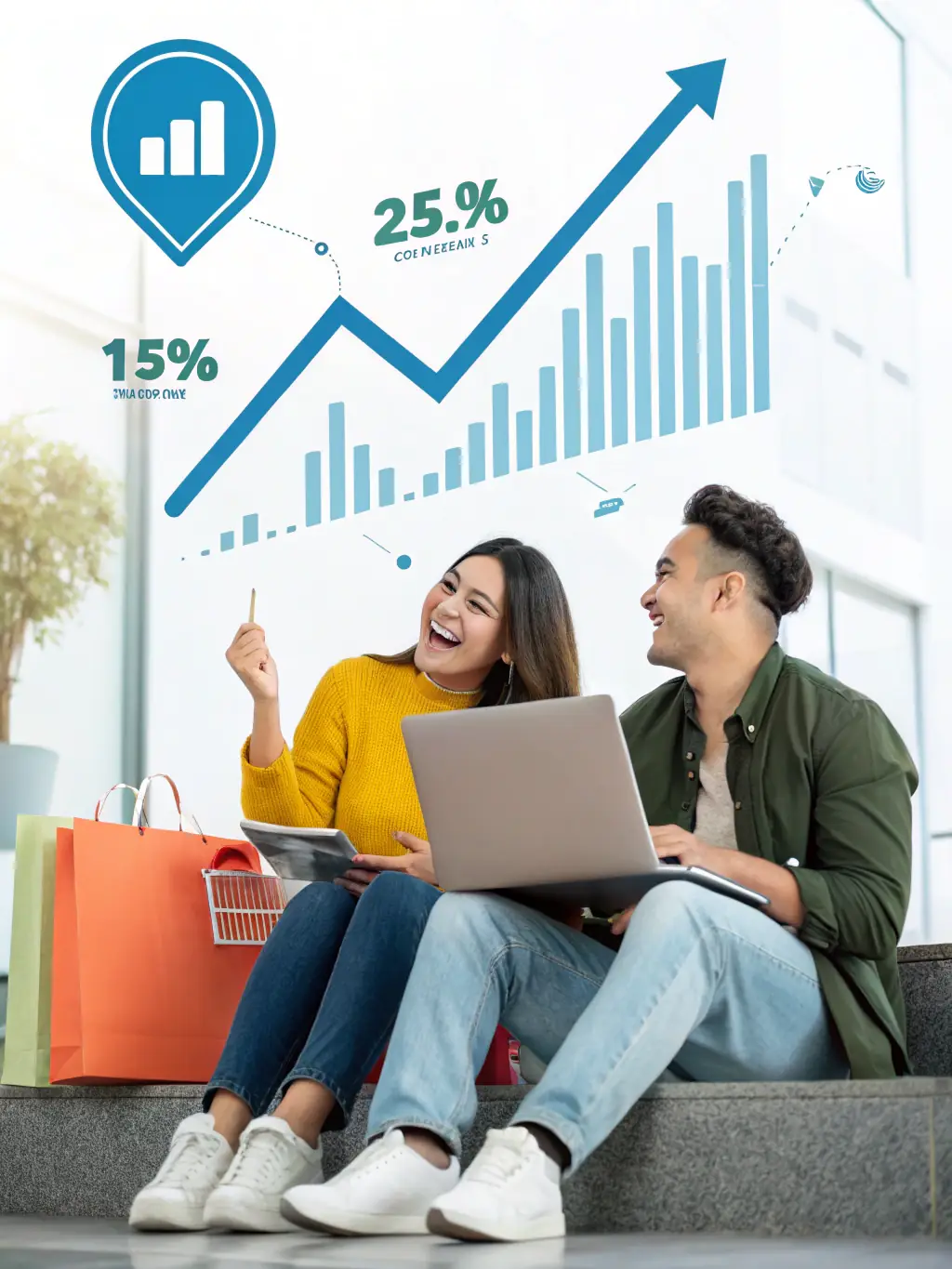 A visual representation of increased sales and revenue, showing a shopping cart filling up and a graph indicating revenue growth.