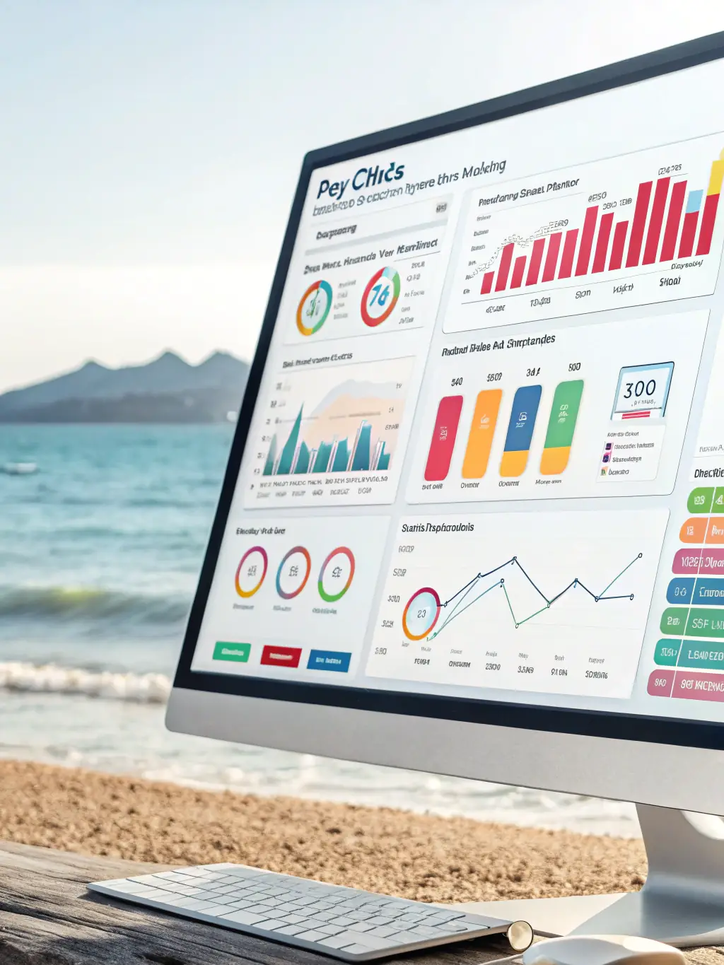 A focused image of a digital dashboard displaying PPC campaign metrics, highlighting impressions, clicks, and conversion rates, set against a backdrop of interconnected franchise locations on a map.
