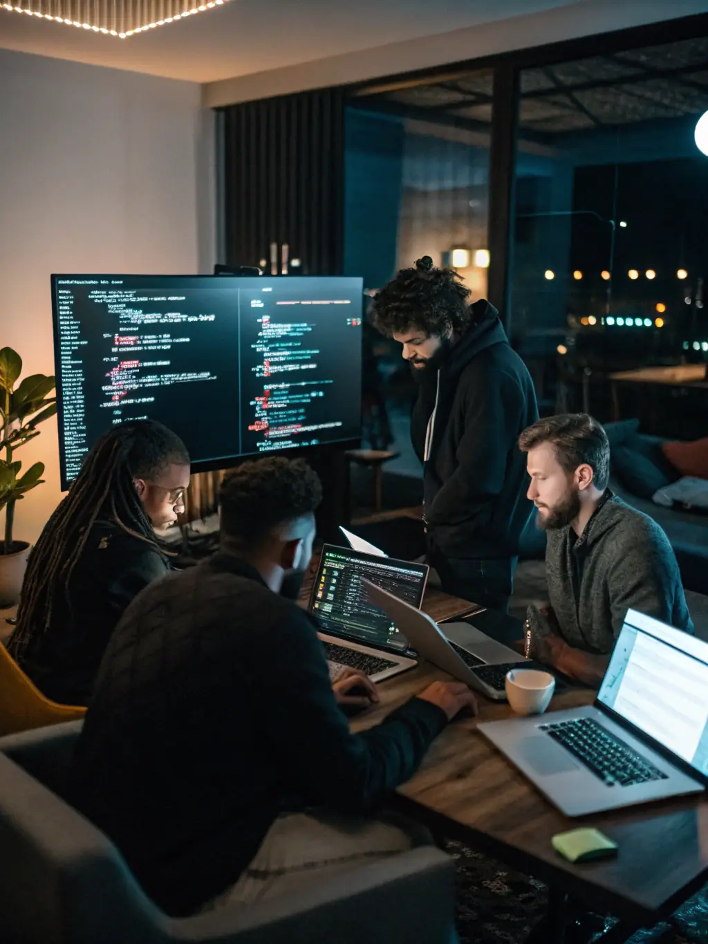 A dedicated software development team collaborating on a complex coding project, using multiple monitors and advanced software tools.