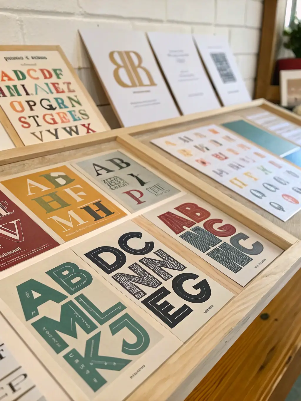 A display of different fonts and typography styles applied to various brand materials, such as business cards and website headers, demonstrating Omegacube's typography service.