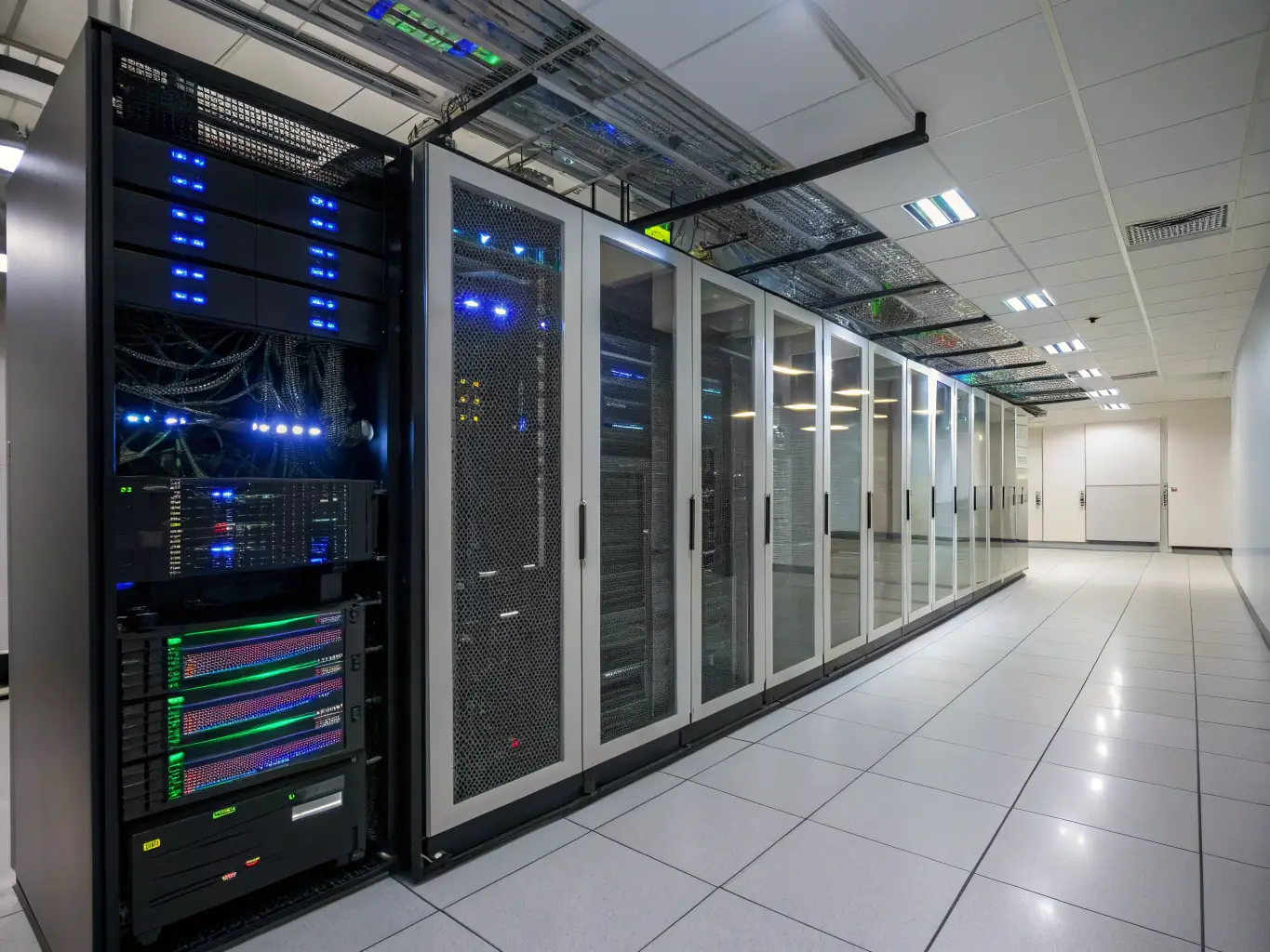 A vibrant image showcasing a server room with blinking lights, symbolizing high-speed data processing and reliable server infrastructure, used to represent Omegacube's fast hosting services.