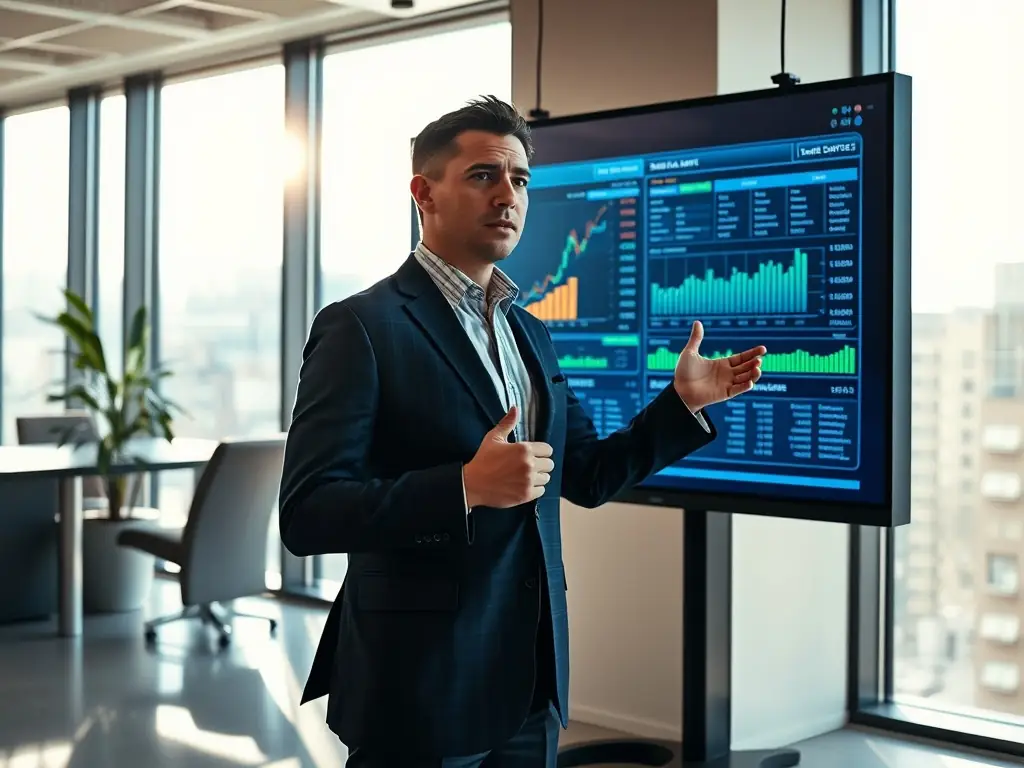 A professional in a suit, representing the finance industry, is confidently presenting data on a screen, illustrating Omegacube's expertise in securing relevant media placements for financial clients.