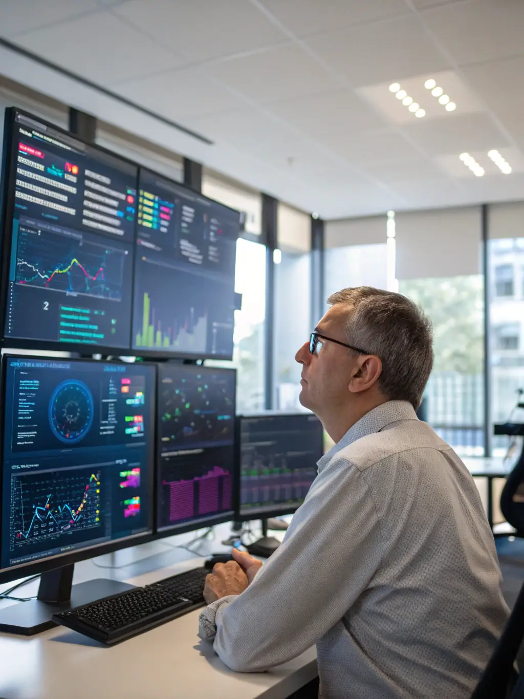 A data scientist working at a computer, cleaning and preparing a dataset for analysis, with various data visualization tools open on the screen.