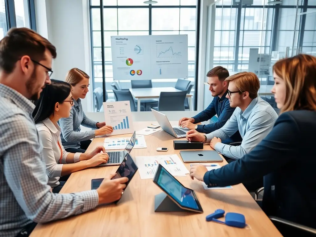 A professional office setting with a team of digital marketers collaborating on a Google Ads campaign strategy, showcasing data analytics on multiple screens.