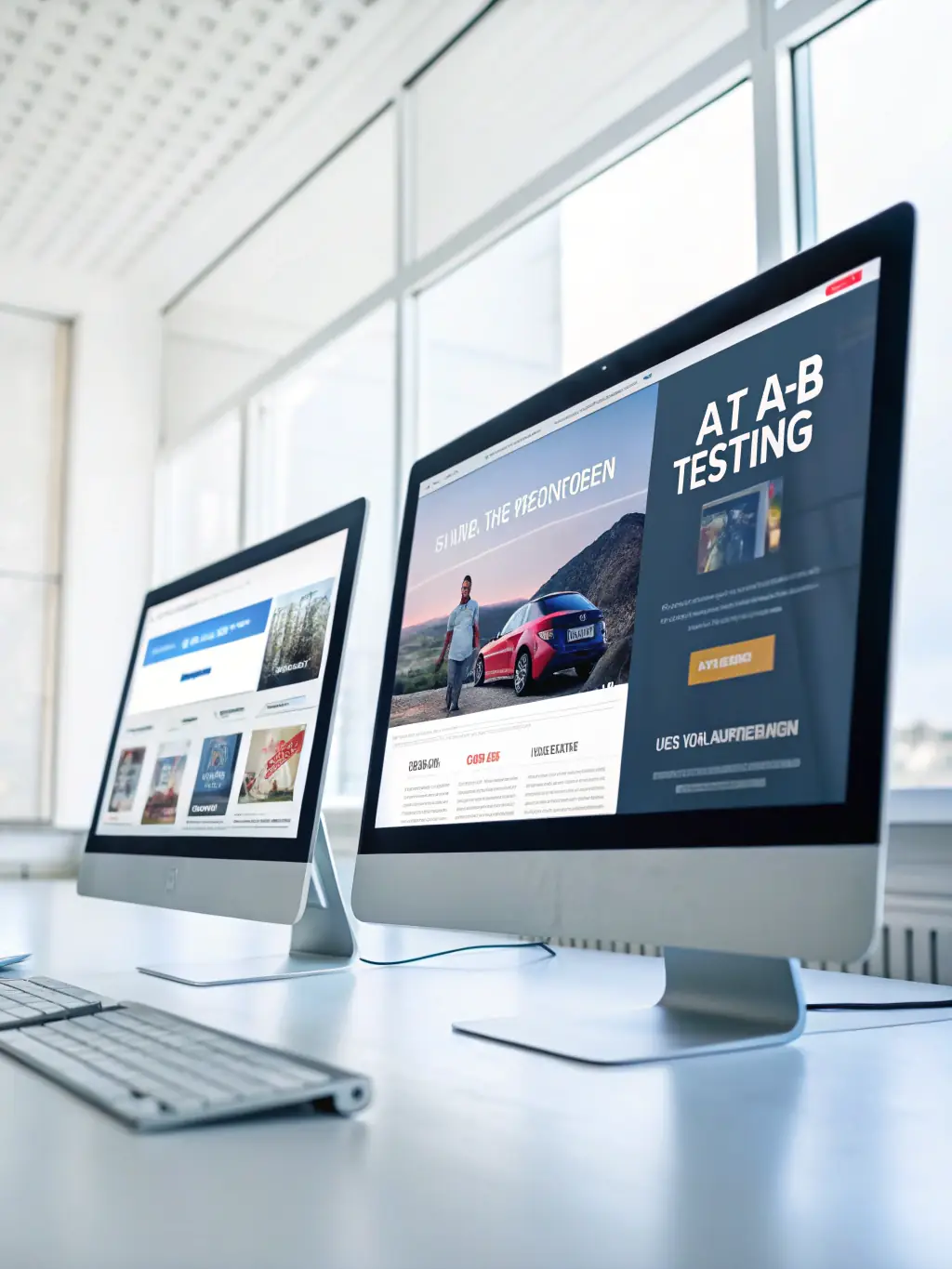 A dynamic image showcasing A/B testing scenarios for Facebook ads, with different ad creatives and copy variations being tested in real-time.