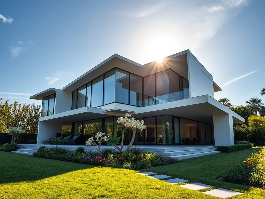 A high-angle, wide shot of a luxury home with a drone hovering nearby, capturing the property's expansive landscape and architectural details under a clear blue sky, showcasing real estate aerial photography.
