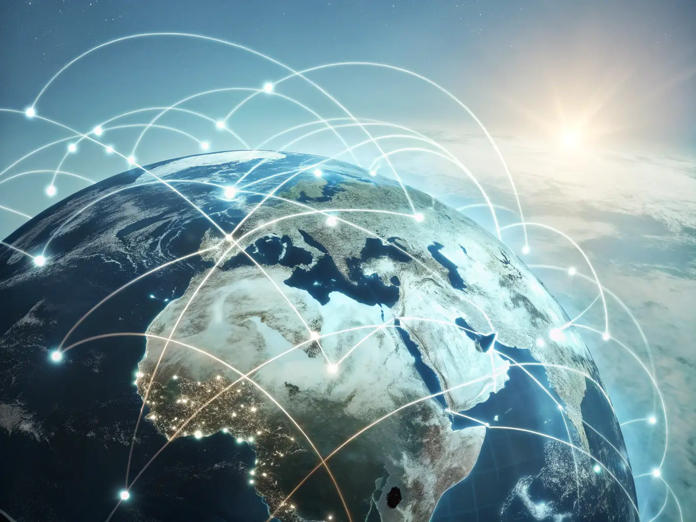 An image showcasing a global network with interconnected nodes, representing the expansive reach and interconnectedness of enterprise-level digital marketing strategies.