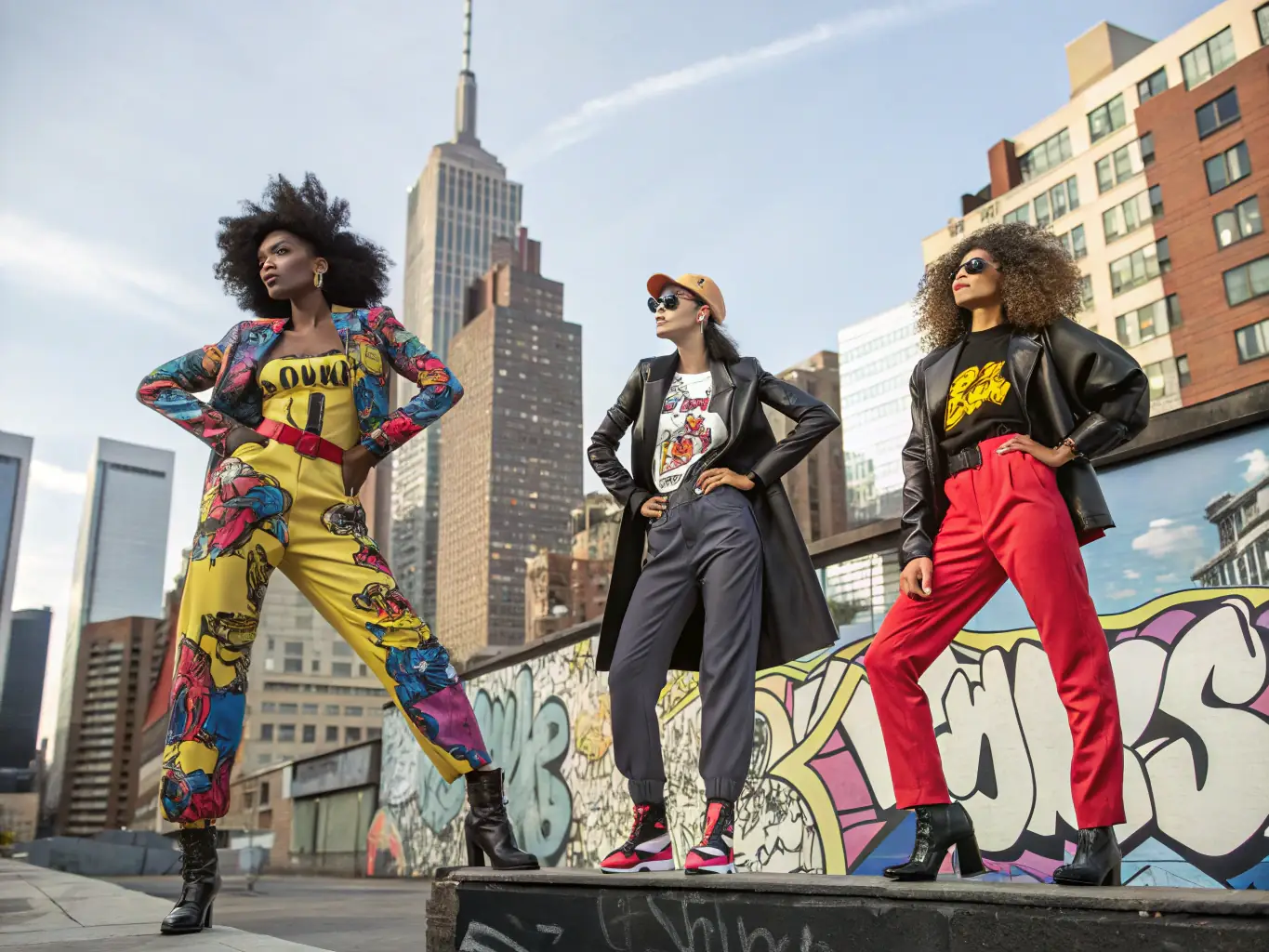 A vibrant and engaging series of social media posts and ads for a fashion brand, featuring models, stylish clothing, and eye-catching graphics.