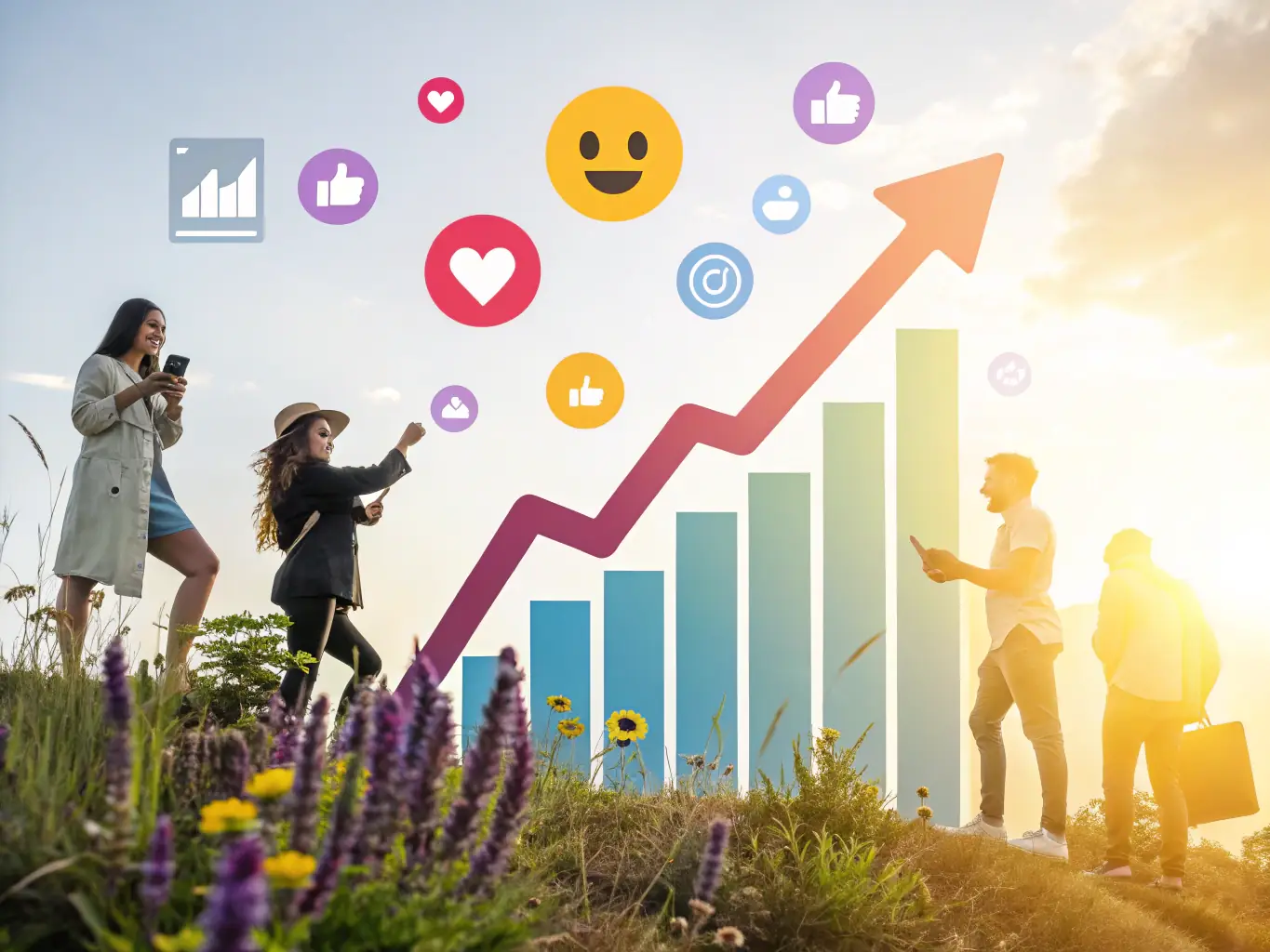 A digital illustration showing a growing graph with various digital marketing icons floating around it, symbolizing the growth and benefits of a monthly subscription service.
