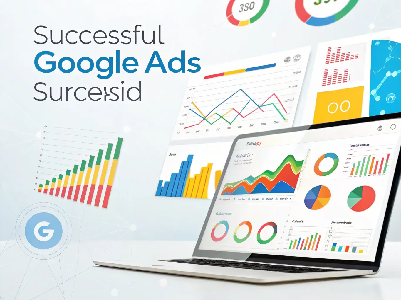 A vibrant image showcasing a business dashboard with positive growth metrics, emphasizing the ROI from Google Ads campaigns managed by Omegacube.