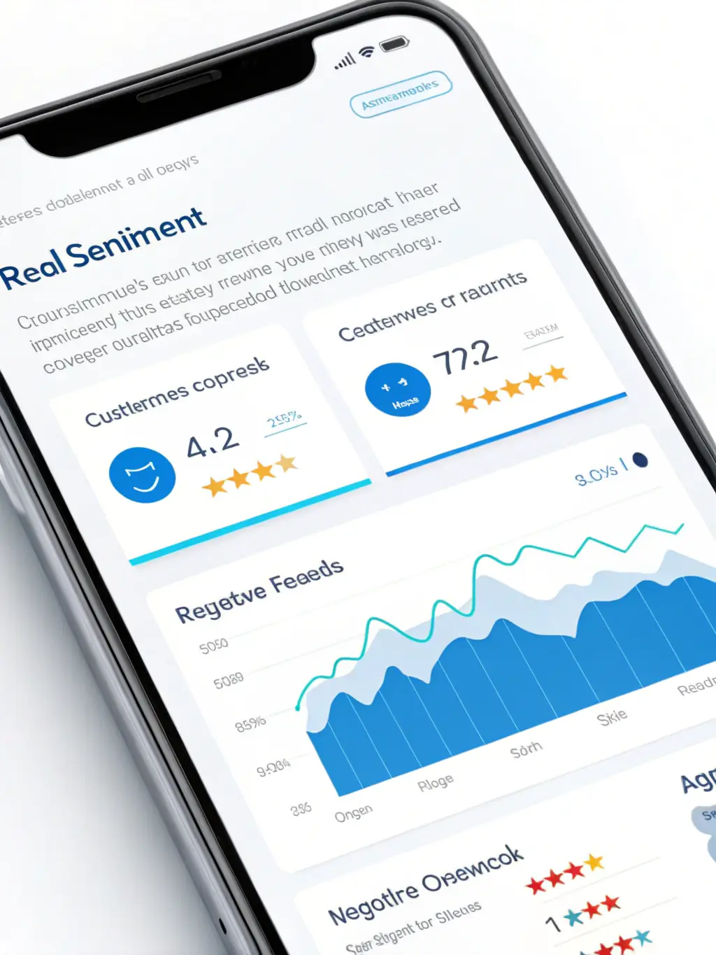A tablet displaying a social media management dashboard with AI-powered sentiment analysis, showing positive, negative, and neutral feedback from customers. The dashboard includes engagement metrics and automated content suggestions.