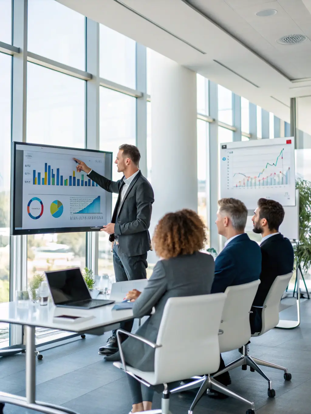 A professional businessman confidently pointing at a data analytics dashboard projected on a large screen during a meeting, showcasing positive growth trends and key performance indicators to his team.