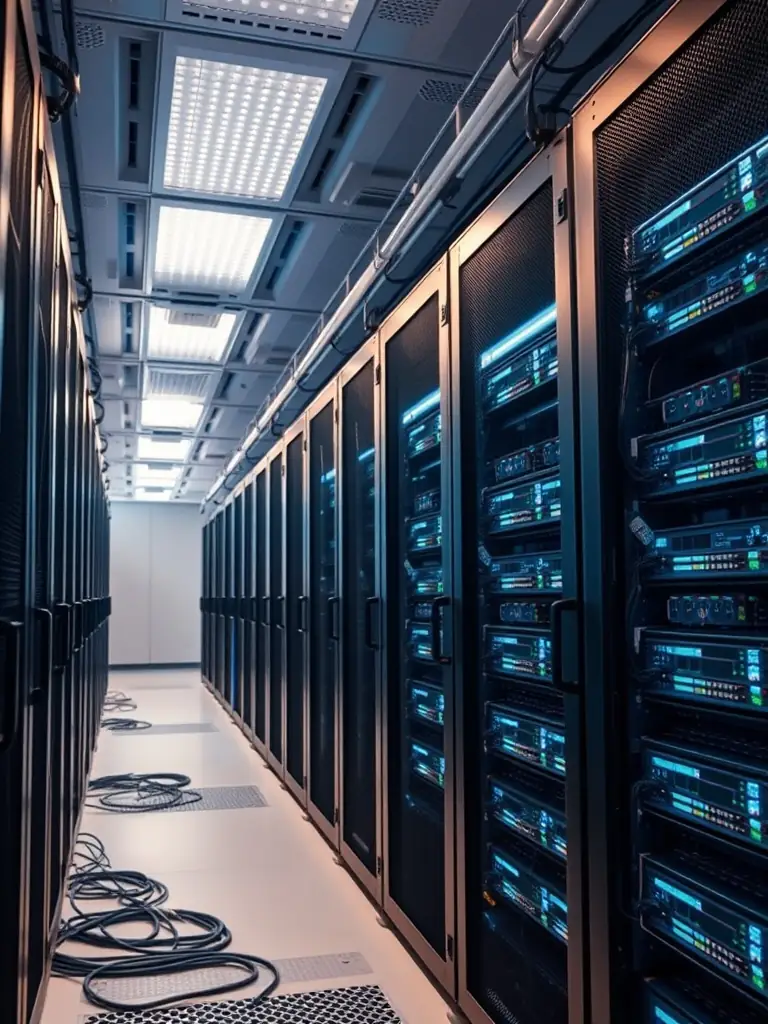 A close-up shot of a server room with blinking lights, emphasizing the physical security of Omegacube's hosting infrastructure.