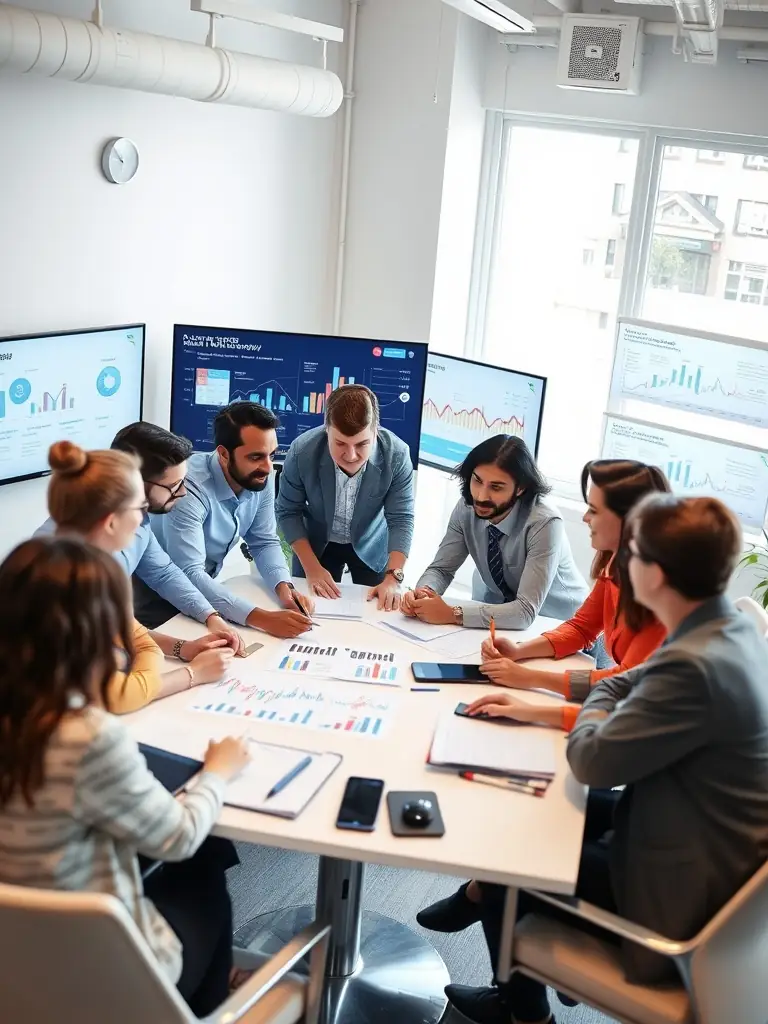 A diverse group of marketing professionals collaborating around a table, brainstorming ideas and strategies for optimizing AI-generated content, with laptops and tablets displaying data analytics and performance metrics.
