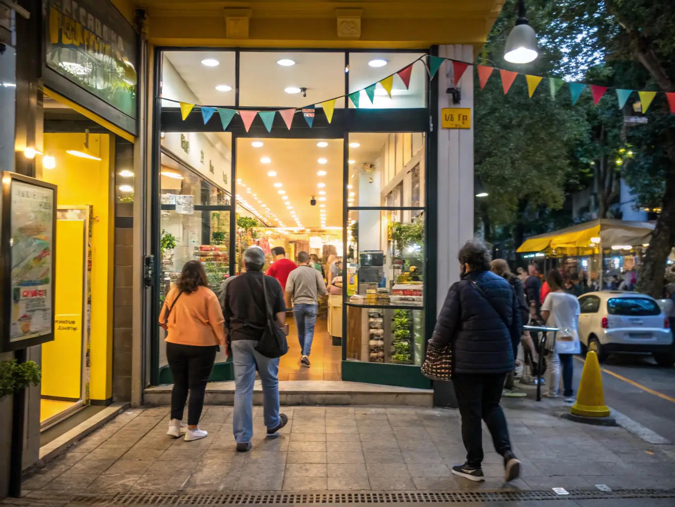 A vibrant image showcasing a local business storefront with customers entering, emphasizing the real-world impact of increased foot traffic driven by GMB Local Ads.