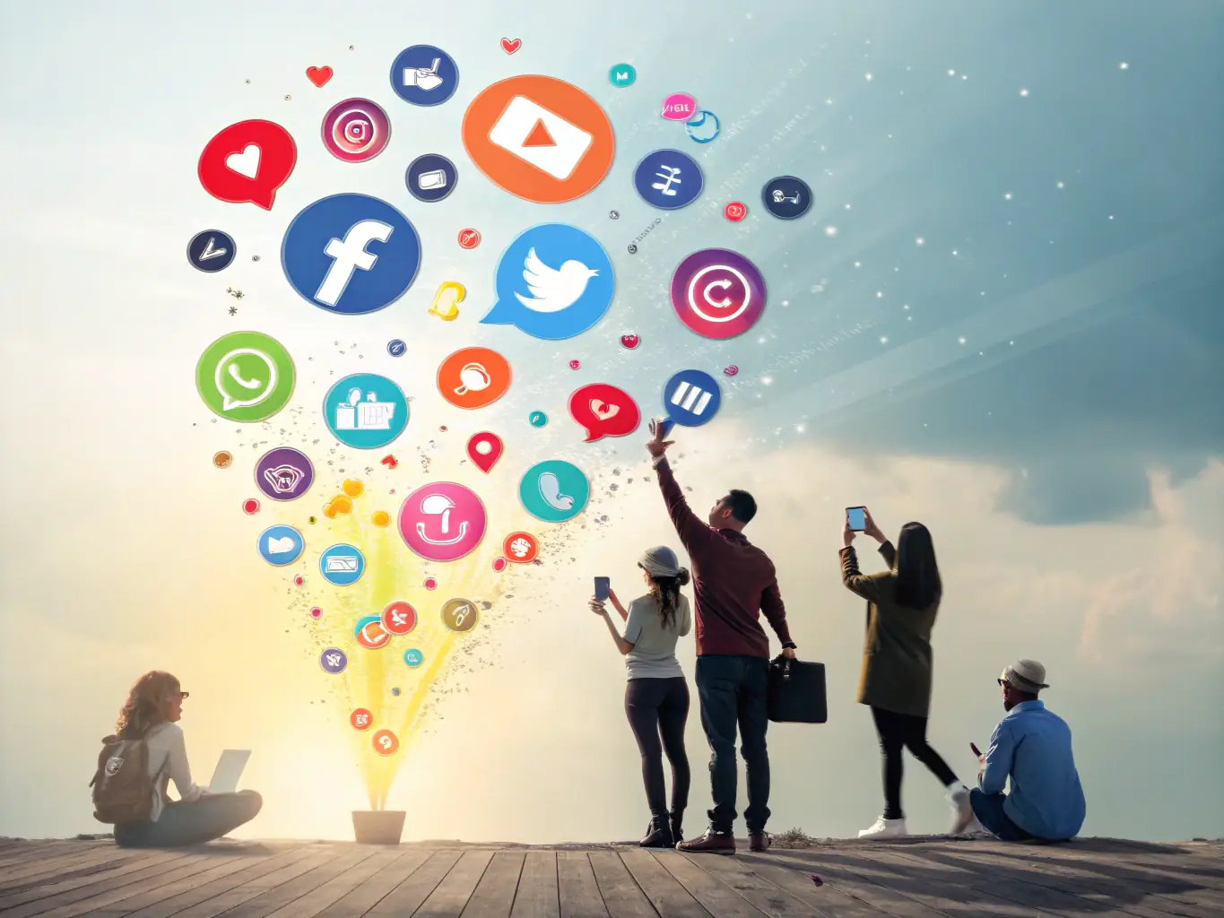 A vibrant graphic illustrating video content being shared across various social media platforms, highlighting Omegacube's expertise in video distribution and promotion.