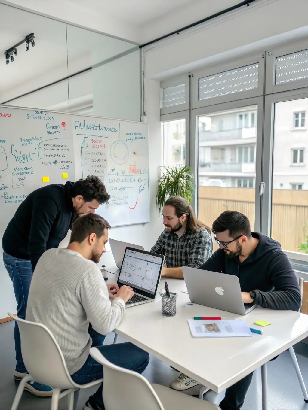 A team of SEO experts collaborating on a content strategy, brainstorming ideas and optimizing content for search engines, in a bright and collaborative workspace.